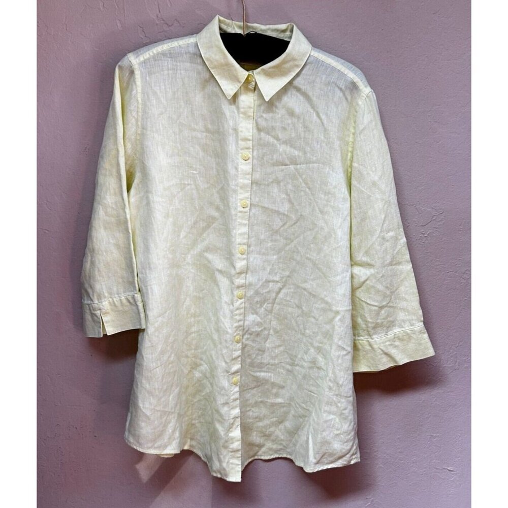 Chico's Women's Button Down No-Iron 3/4 Sleeve Linen Tunic Shirt Size 1 Yellow